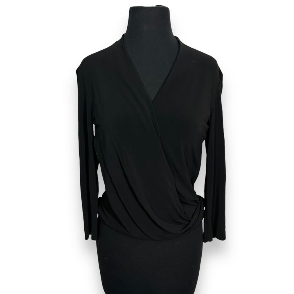 EUC‎ M.M. Lafleur Elegant Black Wrap Top Long Sleeve Draped Blouse Womens XS
